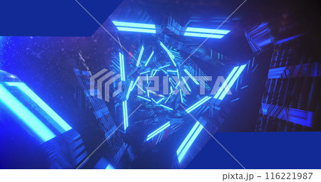 Image of stars over navy space with blue neon lights rotating 116221987