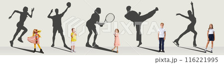 Conceptual collage. Little boys and girls, children standing with shadows of future athletic legends, dreaming about successful sport career. 116221995