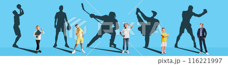 Conceptual collage. Dreams about big and famous future. Little boys with giant shadows of professional sportsmen behind them, on blue background. Conceptual collage. Dreams about big and famous future. Little boys with giant shadows of professional sportsmen behind them, on blue background. 116221997