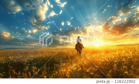 Young woman riding horse in field of flowers at sunset 116222002