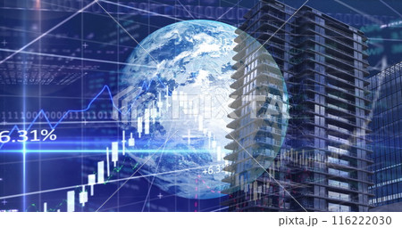 Image of financial data processing and globe over modern building Image of financial data processing and globe over modern building 116222030