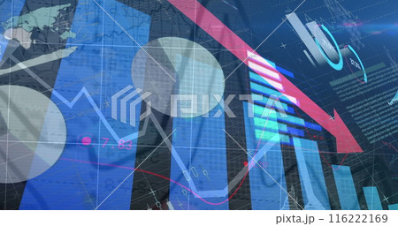 Image of statistical data processing against blue background Image of statistical data processing against blue background 116222169