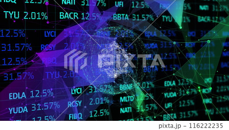 Image of stock market data processing over plexus networks and spinning globe Image of stock market data processing over plexus networks and spinning globe 116222235