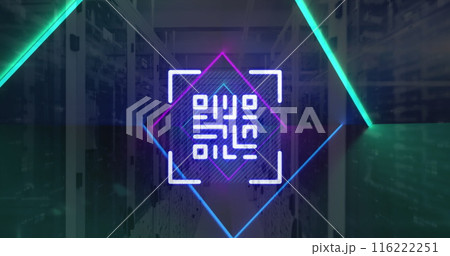 Image of qr code, neon lines, data processing over servers 116222251