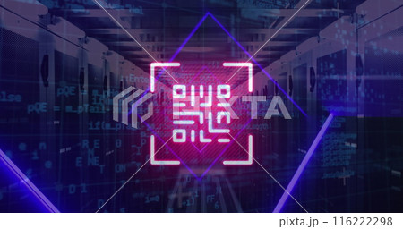 Image of qr code, neon lines, data processing over servers 116222298