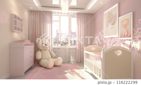AI-generated item. Interior of a modern pink baby room. 116222299