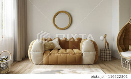 AI-generated item. Interior of modern children's room with brown sofa and round mirror. 116222301