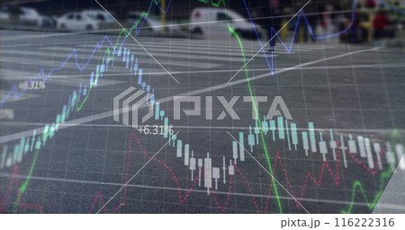Image of multiple graph and numbers over time-lapse of low section of people crossing road 116222316