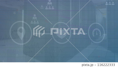 Image of icons connected with lines and graphs with profile icons and numbers over server room 116222333