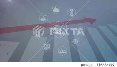 Image of icon in hexagons over bar graphs with numbers and red arrow Image of icon in hexagons over bar graphs with numbers and red arrow 116222335