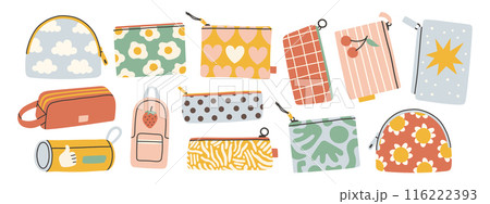 Cute pencil case set. Collection of pencil cases. Cute design in pastel colors. Flat design style vector illustration. 116222393