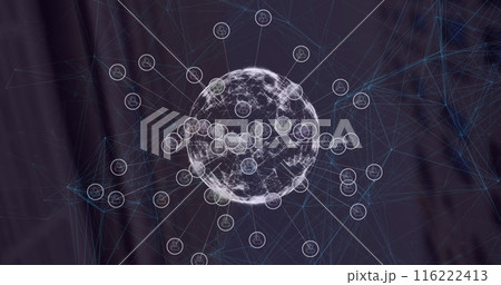 Image of icons in circles around globe over connected dots against abstract background Image of icons in circles around globe over connected dots against abstract background 116222413