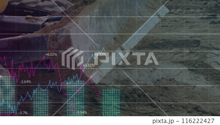 Image of statistical data processing over bulldozer operating at construction site Image of statistical data processing over bulldozer operating at construction site 116222427