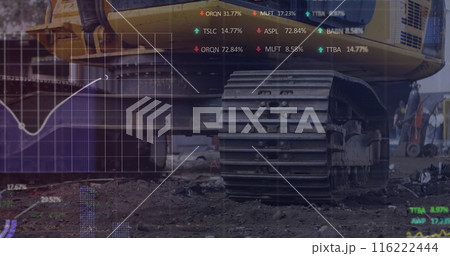 Image of stock market data processing over hydraulic vehicle operating at junkyard 116222444