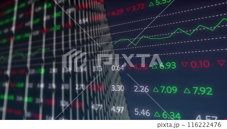 Image of stock market data processing against low angle view of a tall building Image of stock market data processing against low angle view of a tall building 116222476