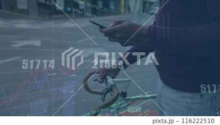Image of changing numbers over mid section of a man with bicycle using smartphone on the street Image of changing numbers over mid section of a man with bicycle using smartphone on the street 116222510