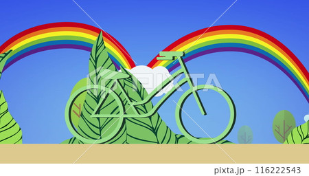 Image of green bike and leaves over rainbow on blue background 116222543