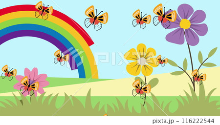 Image of butterflies flying and flowers over rainbow on blue background 116222544