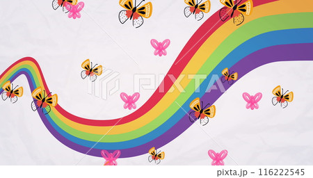Image of butterflies flying over rainbow on white background 116222545