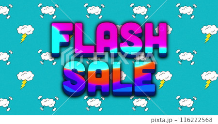 Image of flash sale text over multicolored circular pattern against clouds and lightning 116222568