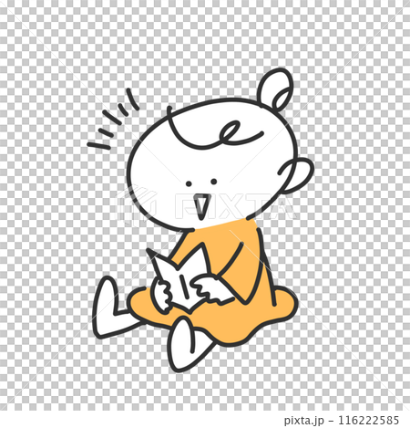 可愛的女孩微笑著讀書，有趣的簡單線條畫插圖 116222585