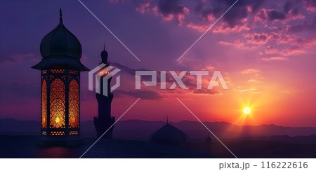 Islamic Ramadan Kareem, iftar festival or Eid Mubarak banner background with hanging Arabic lanterns with Mosque Silhouette dome in Panoramic twilight view Islamic Ramadan Kareem, iftar festival or Eid Mubarak banner background with hanging Arabic lanterns with Mosque Silhouette dome in Panoramic twilight view 116222616