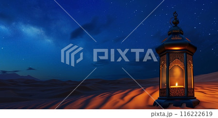 Arabic lanterns Islamic in the desert at night. Ramadan Kareem, iftar festival or Eid Mubarak banner background. Arabic lanterns Islamic in the desert at night. Ramadan Kareem, iftar festival or Eid Mubarak banner background. 116222619