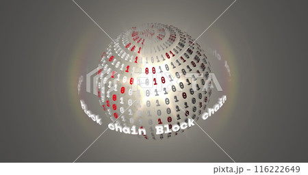 Image of block chain texts around binary codes forming globe, lens flare on abstract background Image of block chain texts around binary codes forming globe, lens flare on abstract background 116222649