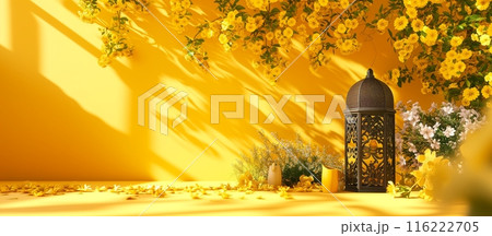 Arabic lanterns Light Lamp. Shine yellow and flower backdrop. Islamic Ramadan Kareem, iftar festival or Eid Mubarak banner background 116222705