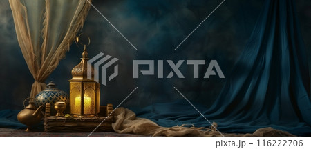 Arabic lanterns Light Lamp with dark blue grungy backdrop. Islamic Ramadan Kareem, iftar festival or Eid Mubarak banner background Arabic lanterns Light Lamp with dark blue grungy backdrop. Islamic Ramadan Kareem, iftar festival or Eid Mubarak banner background 116222706