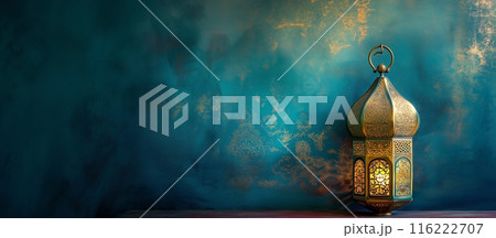 Arabic lanterns Light Lamp with dark blue grungy backdrop. Islamic Ramadan Kareem, iftar festival or Eid Mubarak banner background 116222707