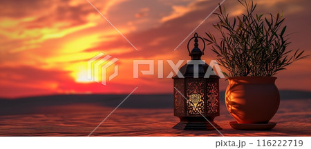 Arabic lanterns Islamic in the desert at night. Ramadan Kareem, iftar festival or Eid Mubarak banner background. 116222719