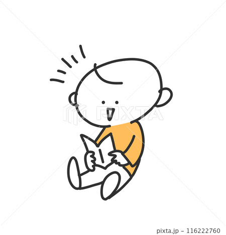 笑顔で本を読む可愛い男の子　面白い　シンプルな線画イラスト 116222760
