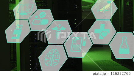 Image of medical icons over server room Image of medical icons over server room 116222766