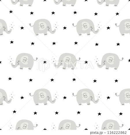 Bohemian Baby pattern with Elephant. Gender Neutral Nursery Cute Ornaments. Vector illustration in flat cartoon style. Boho print for kids 116222862