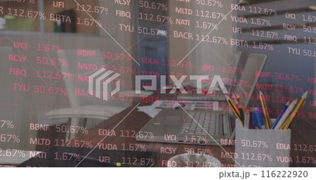 Image of financial data processing over office desk with laptops and tablet 116222920