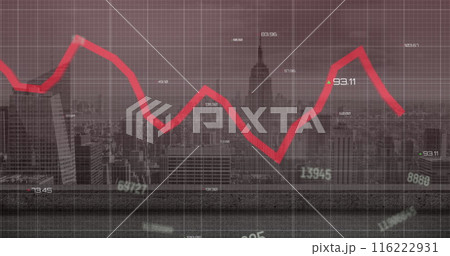 Image of changing numbers floating over data processing against aerial view of cityscape 116222931