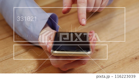 Image of financial data processing over caucasian man using smartphone 116223039