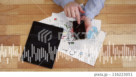 Image of financial data processing over caucasian man using tablet and smartphone 116223051