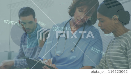 Image of statistics and data processing over caucasian female doctor making notes Image of statistics and data processing over caucasian female doctor making notes 116223062