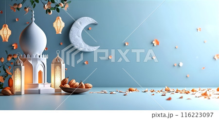 ramadan kareem paper cut illustration background. islamic lantern for eid mubarak greeting banner cover card. 3d art of a mosque with a moon and stars ramadan kareem paper cut illustration background. islamic lantern for eid mubarak greeting banner cover card. 3d art of a mosque with a moon and stars 116223097