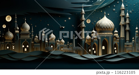 ramadan kareem paper cut illustration background. islamic lantern for eid mubarak greeting banner cover card. 3d art of a mosque with a moon and stars ramadan kareem paper cut illustration background. islamic lantern for eid mubarak greeting banner cover card. 3d art of a mosque with a moon and stars 116223105