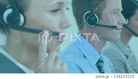 Image of caucasian female and male consultants with headphones working in office 116223125