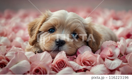 a puppy with blue eyes laying on a pink flower bed. 116223196