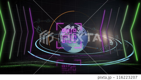 Image of qr code over geometrical shapes and globe, copy space 116223207