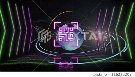 Image of qr code over geometrical shapes and globe, copy space 116223208