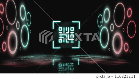 Image of qr code over geometrical shapes, copy space 116223211