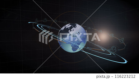 Image of qr code over geometrical shapes and globe, copy space Image of qr code over geometrical shapes and globe, copy space 116223212
