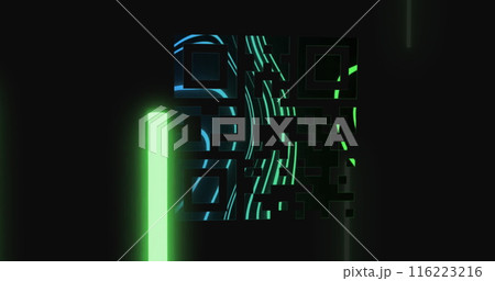 Image of qr code over neon geometrical shapes, copy space 116223216