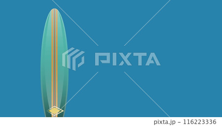 Image of globe and surfboard over blue background 116223336